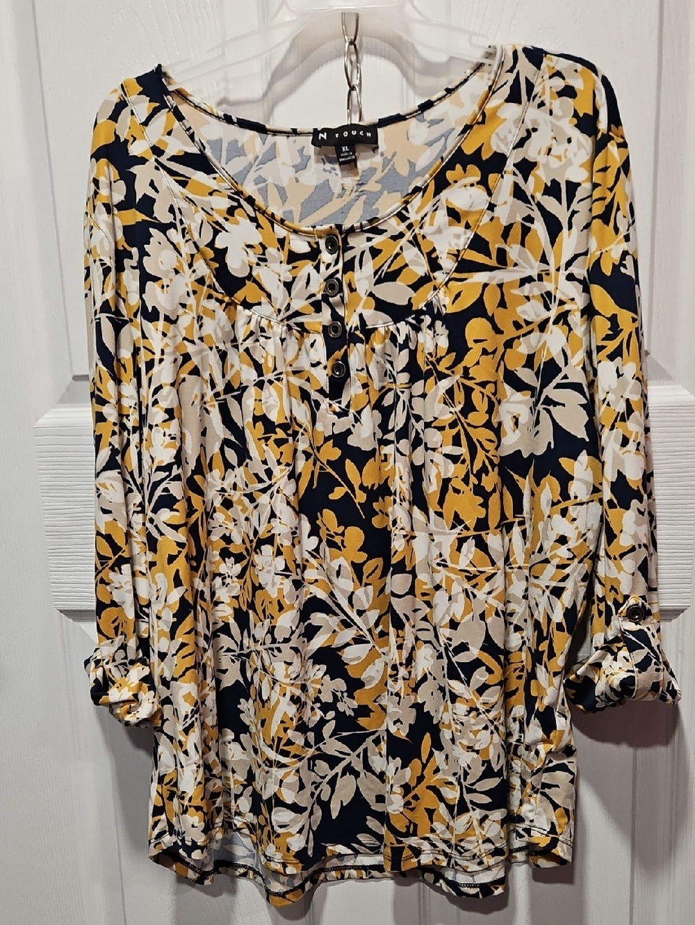 N Touch Floral Button-Front Top  in Navy, Mustard, Tan and White
